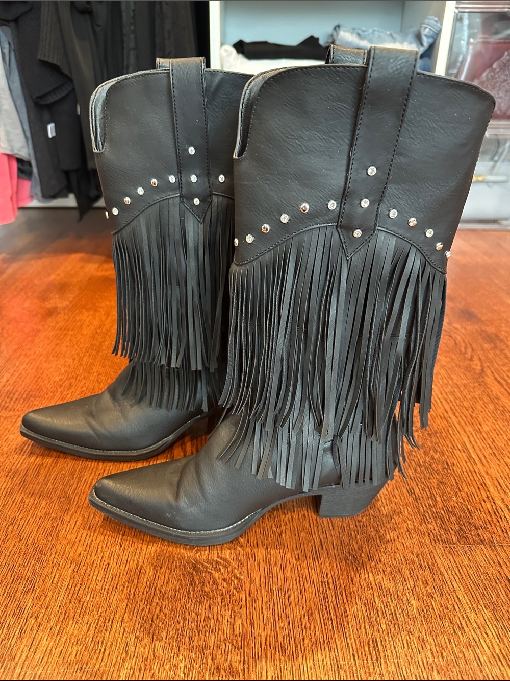 Roper Black Fringe Stud Accent Western Heeled Boots